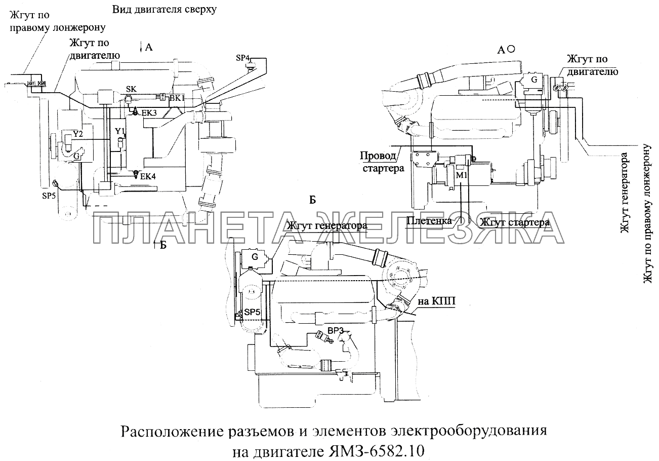 Расположение разъемов и элементов электрооборудования на двигателе ЯМЗ-6582.10 МАЗ-5516А5