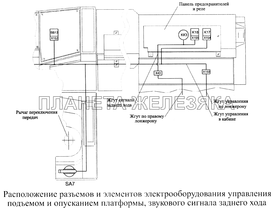 Расположение разъемов и элементов электрооборудования управления подъемом и опусканием платформы, звукового сигнала заднего хода МАЗ-5516А5