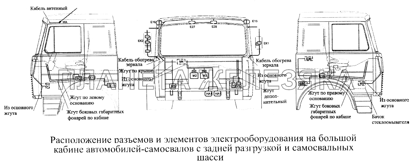 Расположение разъемов и элементов электрооборудования на большой кабине автомобилей-самосвалов с задней разгрузкой и самосвальных шасси МАЗ-5516А5