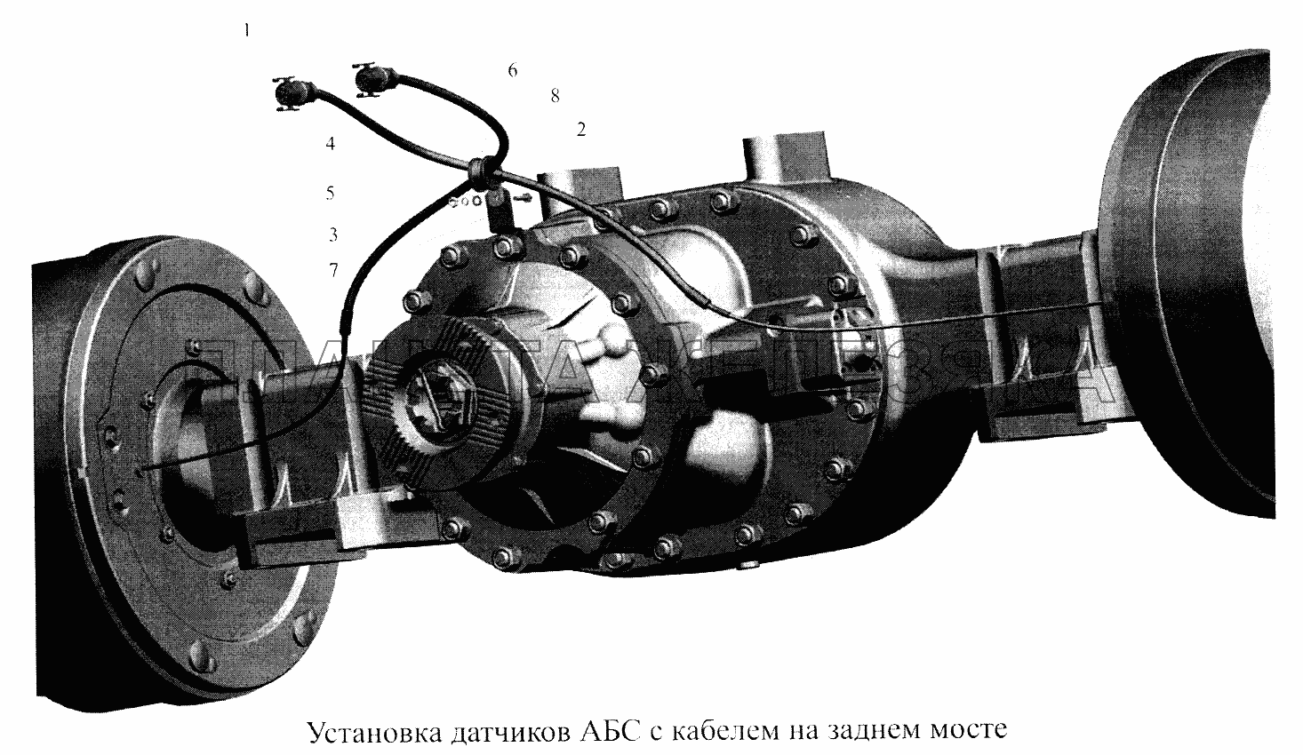 Установка датчиков АБС с кабелем на заднем мосте МАЗ-5516А5