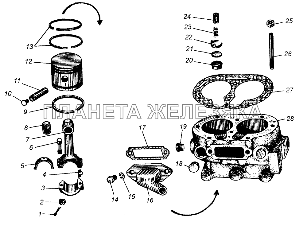 Блок цилиндров, поршни и шатуны компрессора МАЗ-5549