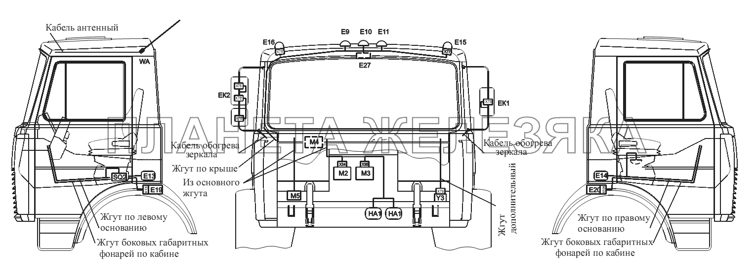 Расположение разъемов и элементов электрооборудования на малой кабине автомобилей-самосвалов с трехсторонней разгрузкой МАЗ-555102, 5551А2