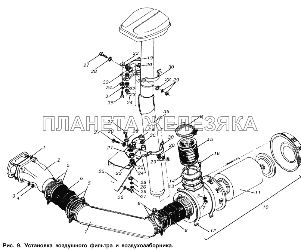 Установка воздушного фильтра и воздухозаборника МАЗ-53366