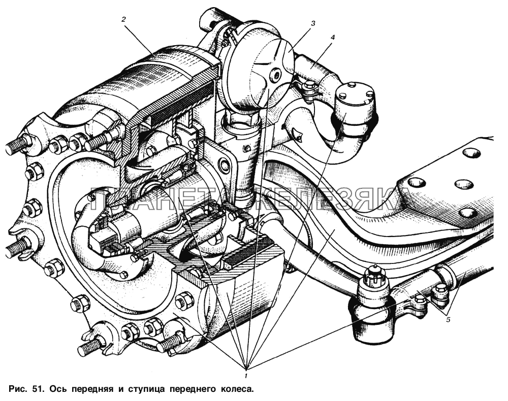 Ось передняя и ступица переднего колеса МАЗ-53366