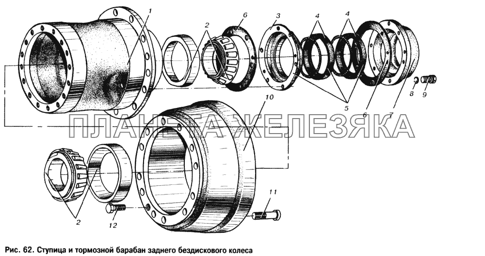 Ступица и тормозной барабан заднего бездискового колеса МАЗ-6303