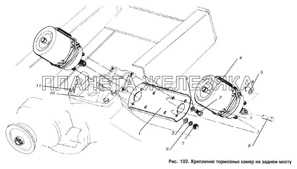 Крепление тормозных камер на заднем мосту МАЗ-53363
