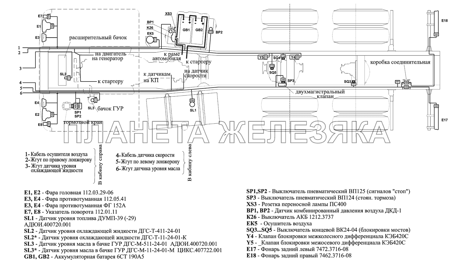 Расположение разъемов и элементов электрооборудования на шасси МАЗ-630333