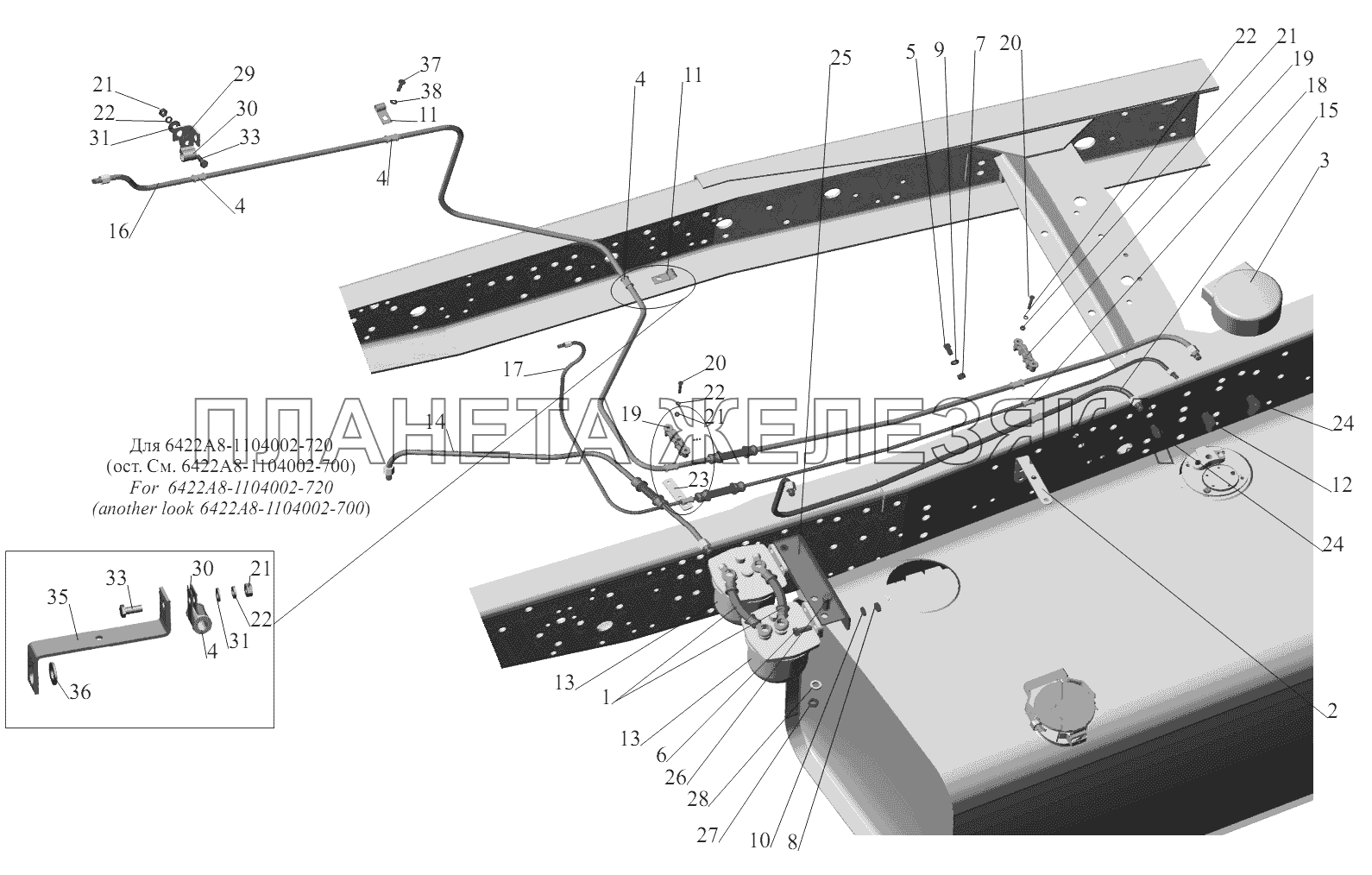 Установка топливопроводов 6422A8-1104002-700, 6422A8-1104002-720 (без Вебасто) МАЗ-6422, 5432