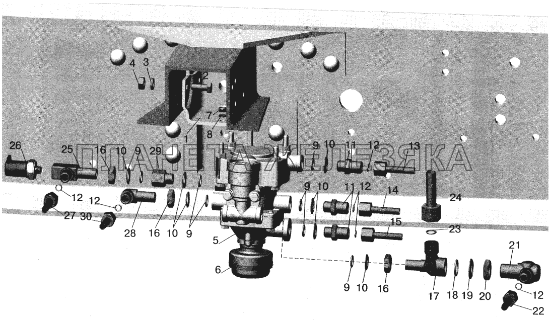 Установка клапана прицепа и присоединительной арматуры МАЗ-543203, 543202 МАЗ-6422
