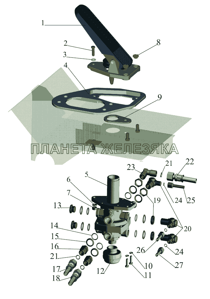 Тормозной кран с присоединительной арматурой МАЗ-642505, 642508