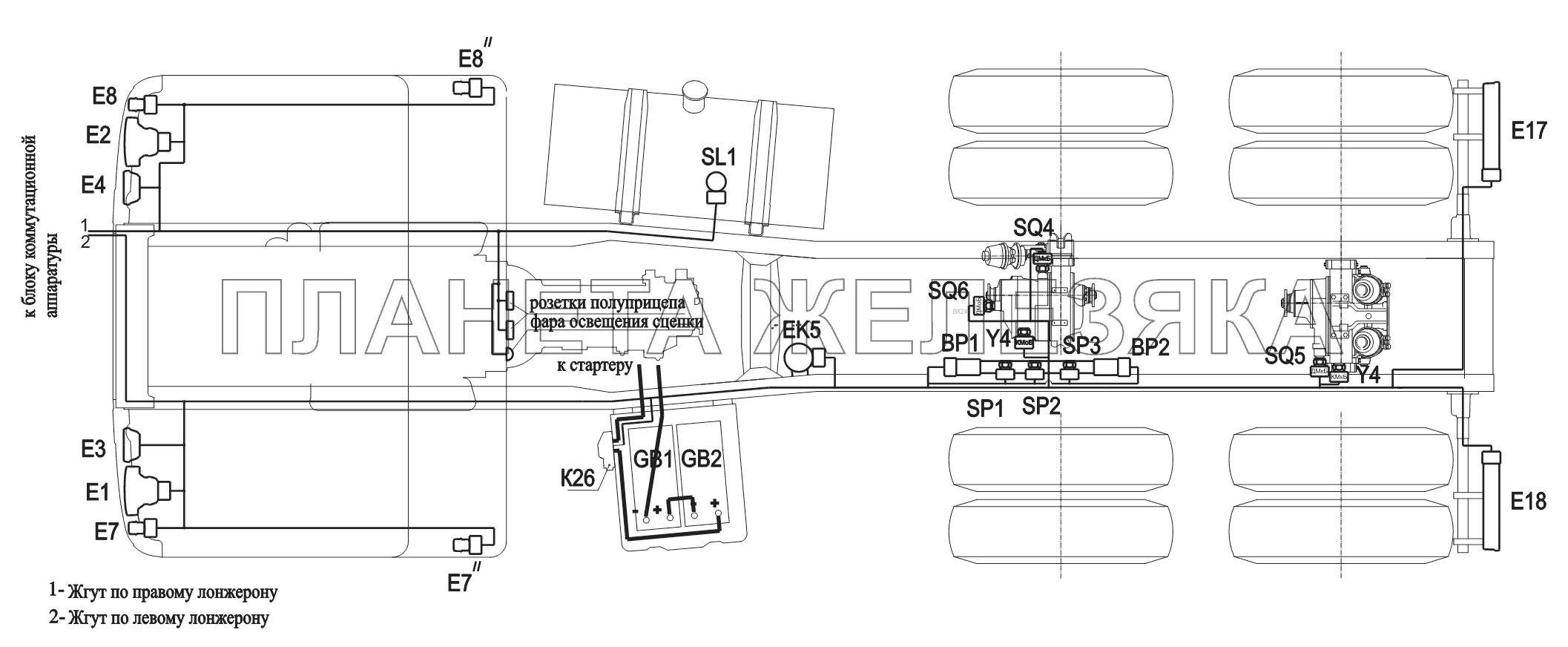 Расположение разъемов и элементов электрооборудования на шасси 6430A8 МАЗ-6430A8 (5440A8, 5440A5)