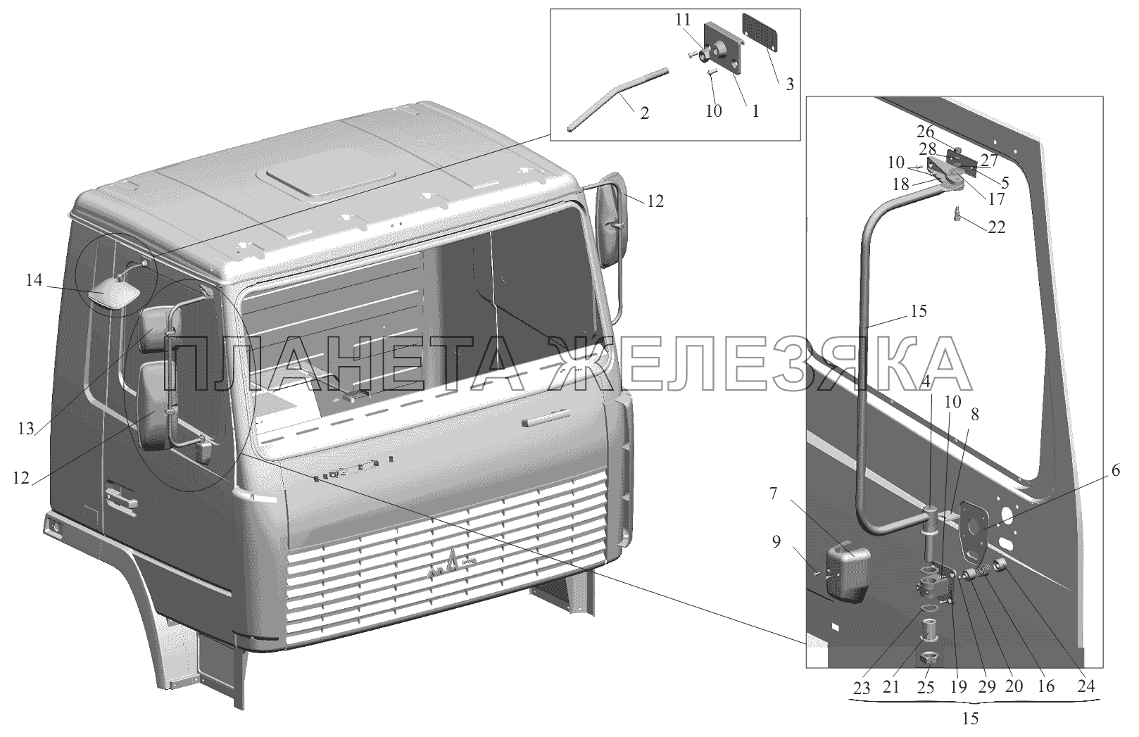 Установка зеркал 6430-8200005 МАЗ-6430A8 (5440A8, 5440A5)