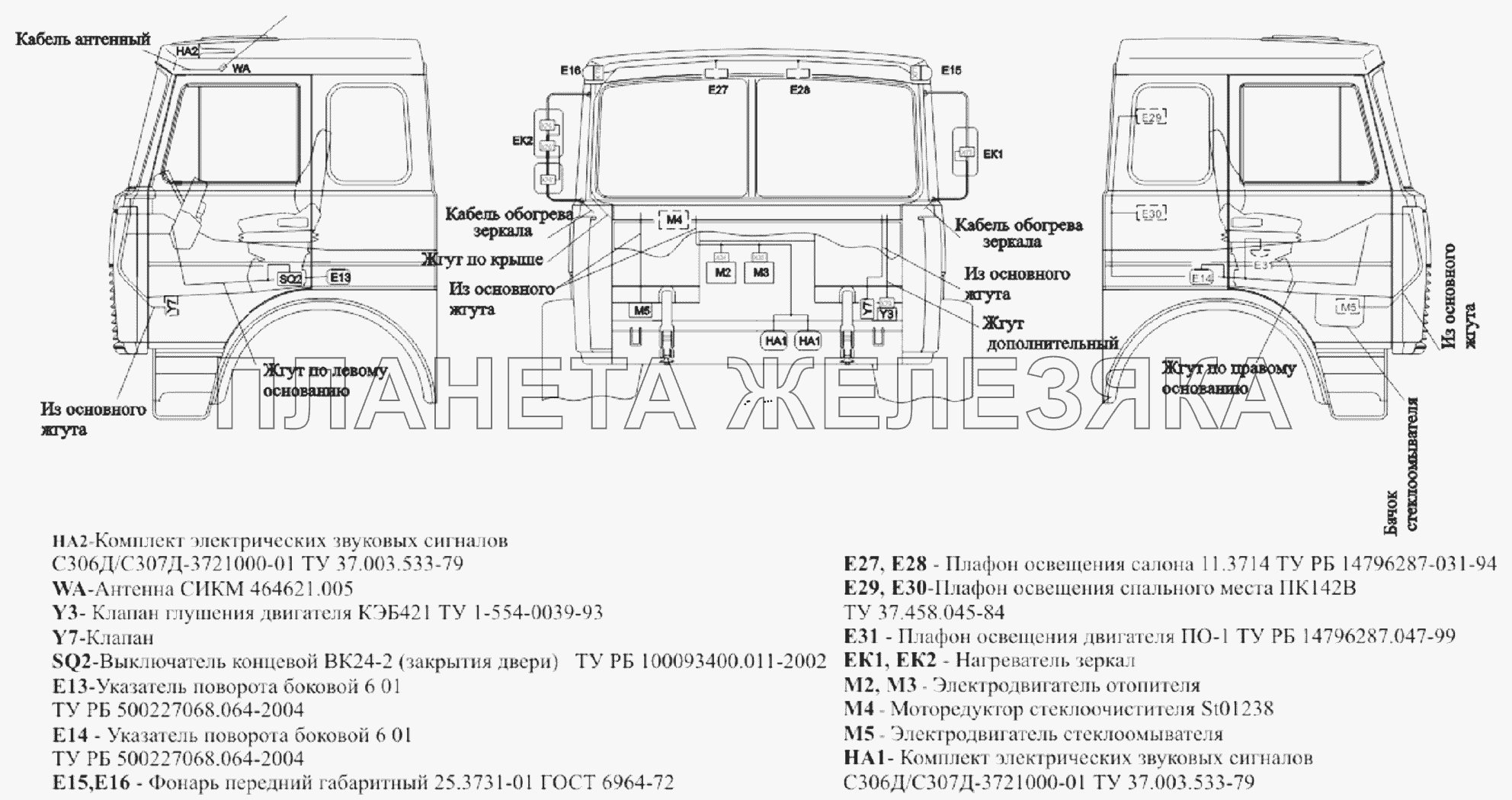 Расположение разъемов и элементов электрооборудования на большой кабине автомобилей МАЗ-651705