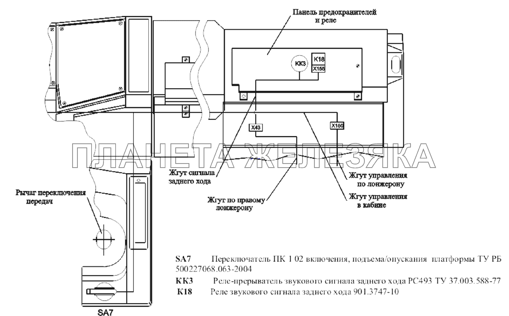 Расположение разъемов и элементов электрооборудования управления подъемом и опусканием ковшовой платформы МАЗ-651705