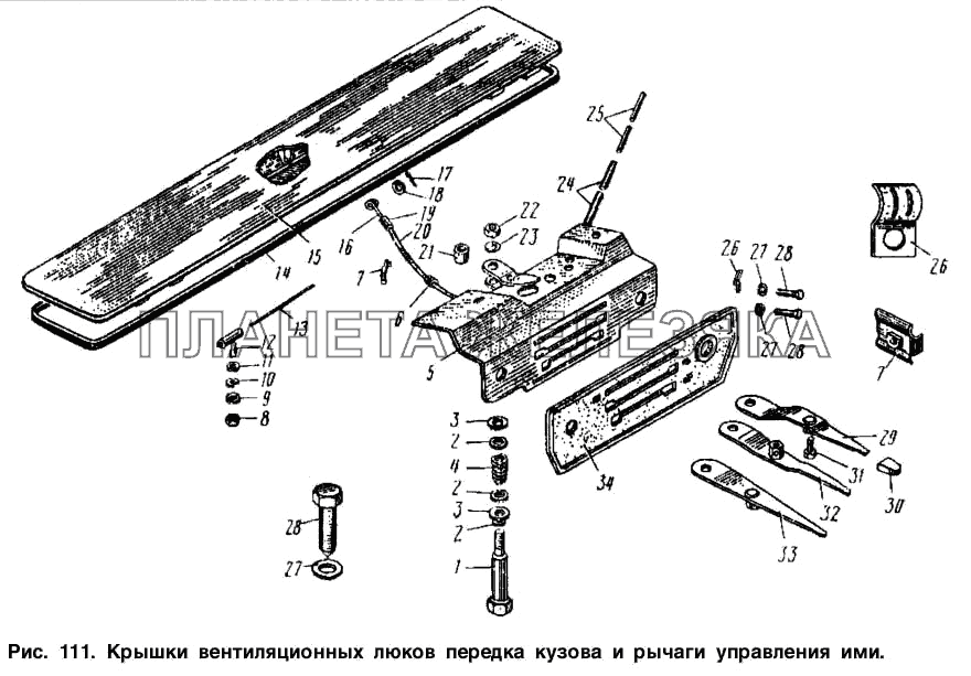 Крышки вентиляционных люков передка кузова и рычаги управления ими Москвич-2734
