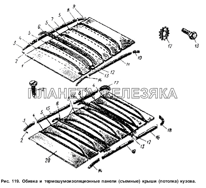 Обивка и термошумоизоляционные панели (съемные) крыши (потолка) кузова Москвич-2734