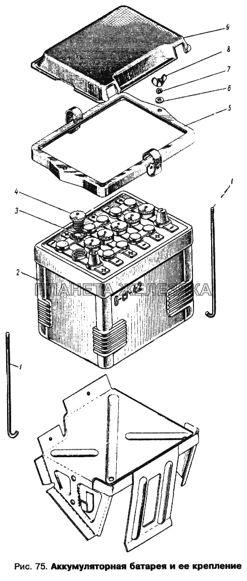 Аккумуляторная батарея и ее крепление Москвич 412