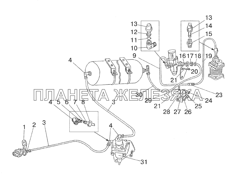 Трубопроводы и арматура пневмопривода тормозов прицепа МТЗ-1523 (2008)