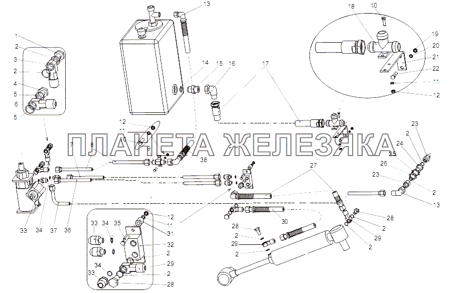 Установка трубопроводов рулевого механизма, бака и цилиндра МЗКТ-65151 