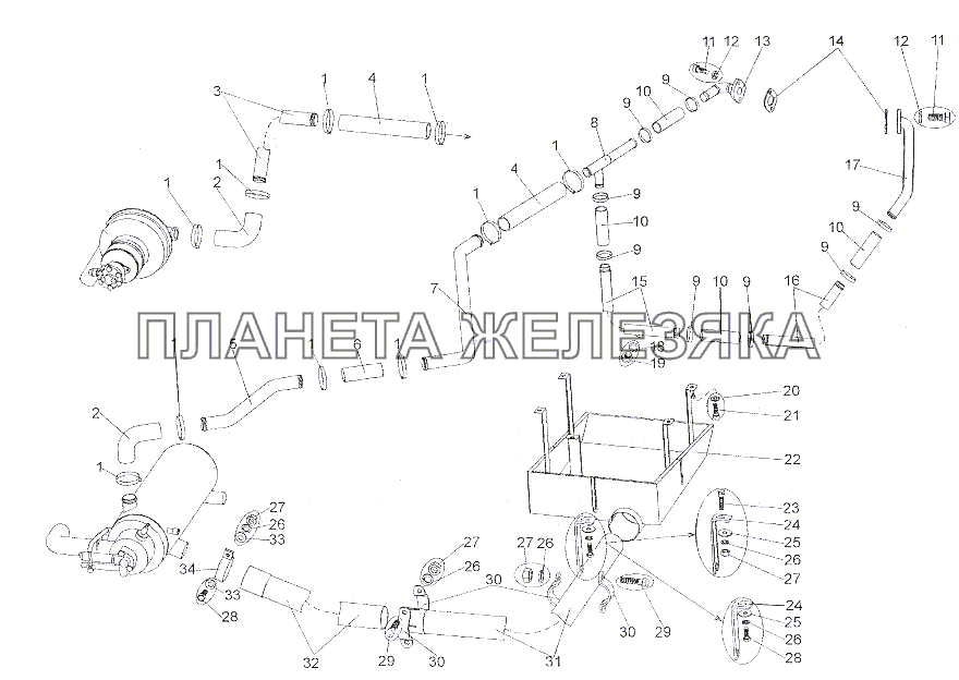 Трубопроводы системы подогрева двигателя МЗКТ-6527