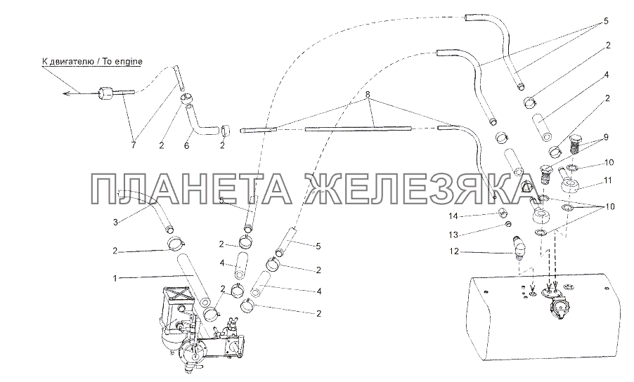 Топливопроводы нижнего топливного бака МЗКТ-6527