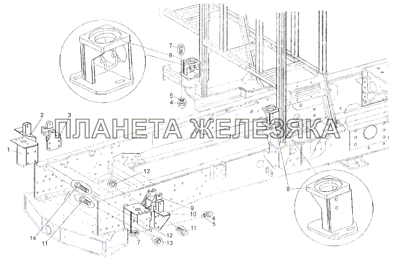 Установка кронштейнов подвески МЗКТ-7401