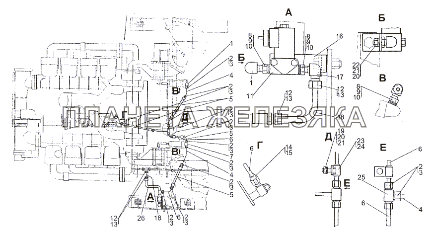 Установка трубопроводов моторного тормоза МЗКТ-74296