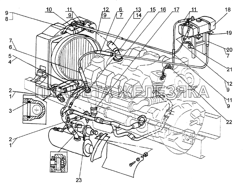 Пробка радиатора, трубопроводы и шланги системы охлаждения, кран сливной, бачок расширительный МЗКТ-79092