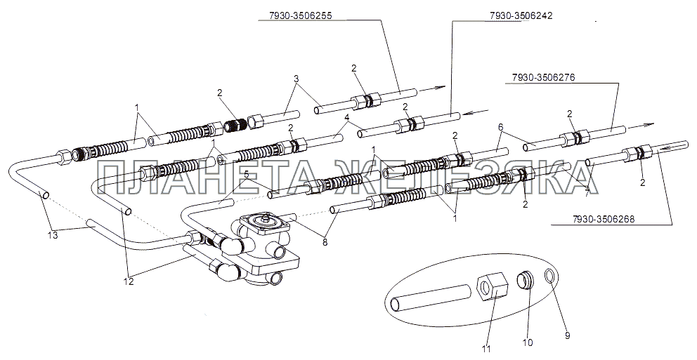 Трубопроводы к тормозному крану МЗКТ-7930-200