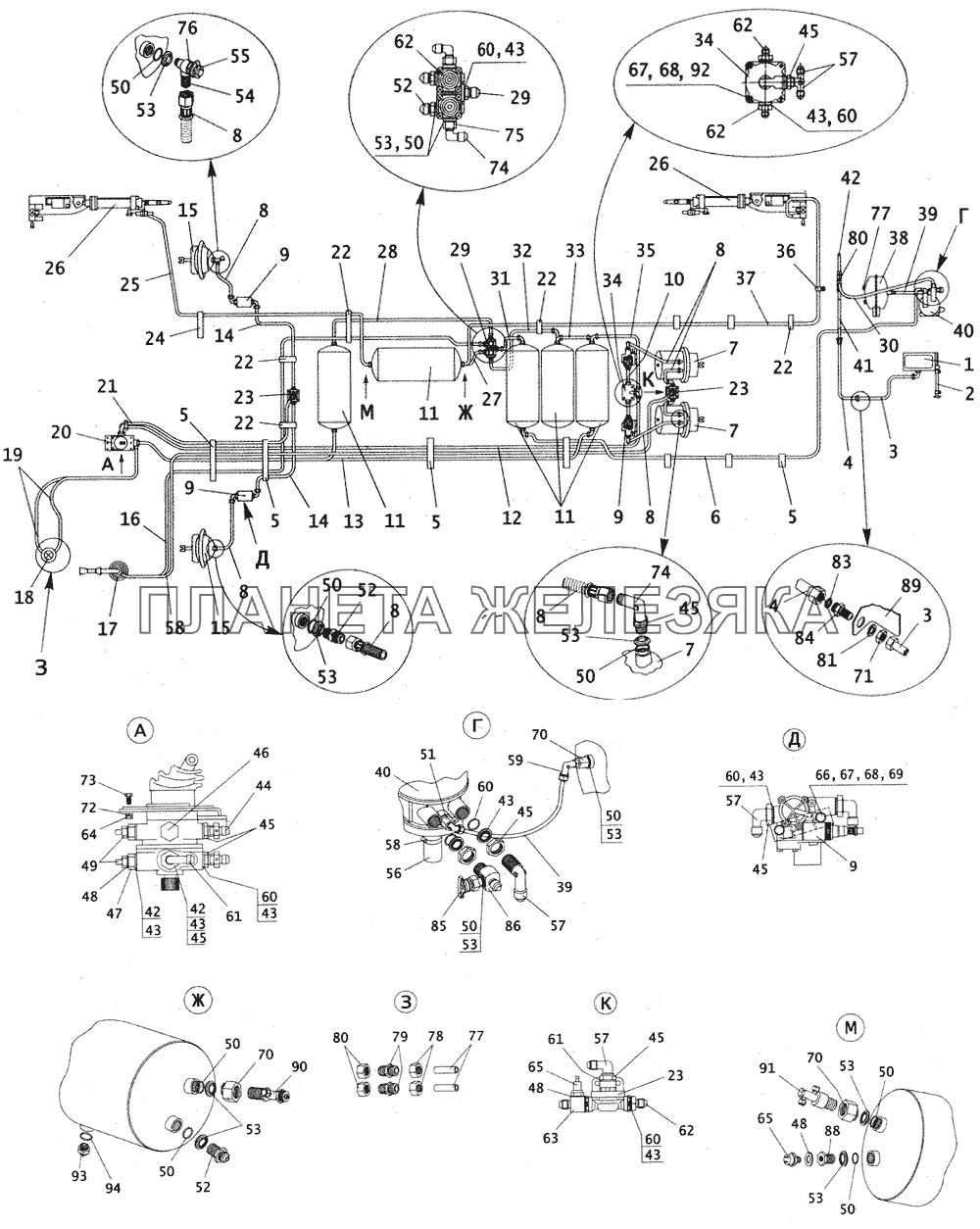 Схема пневматической системы тормозов с пневмоаппаратами ПАЗ-4230