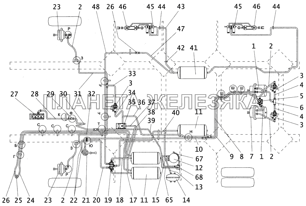 Схема пневматической системы тормозов с пневмоаппаратурой ПАЗ-4234