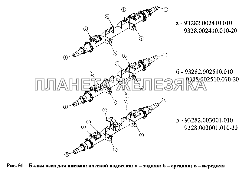 Балки для осей пневматической подвески:а-задняя, б-средняя, в-передняя СЗАП-9328