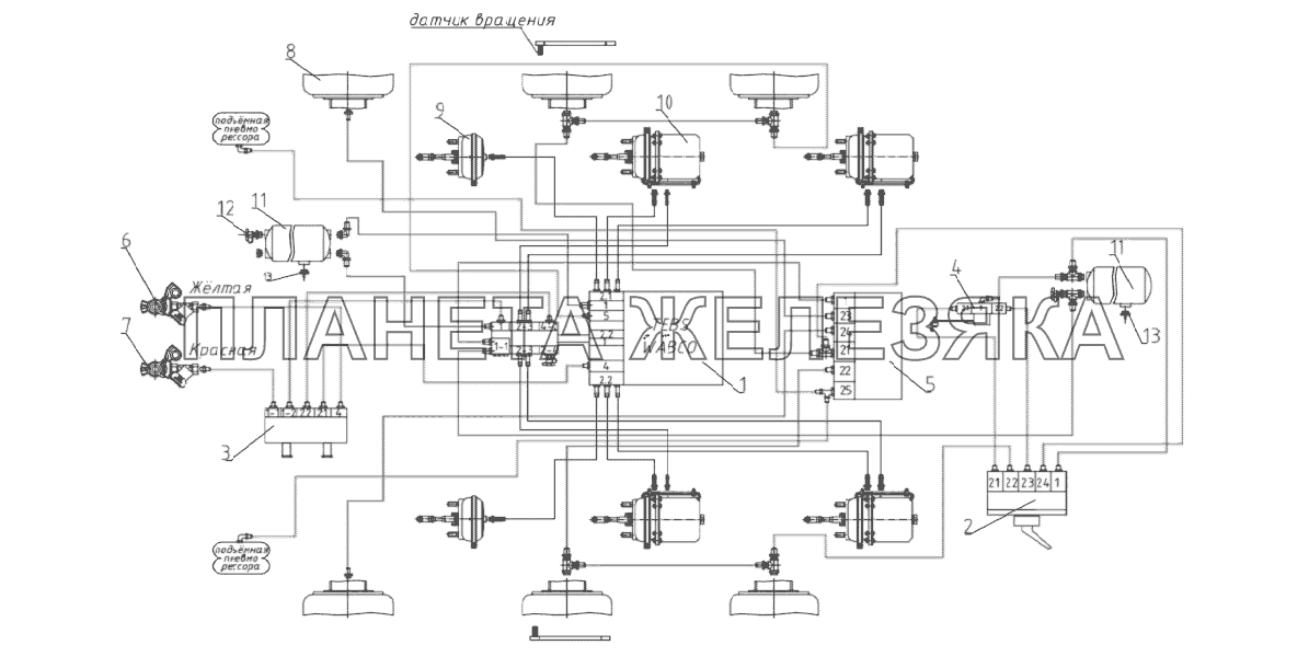Схема пневматическая с EBS конфигурации 2S/2M с подъёмной осью Тонар-952302