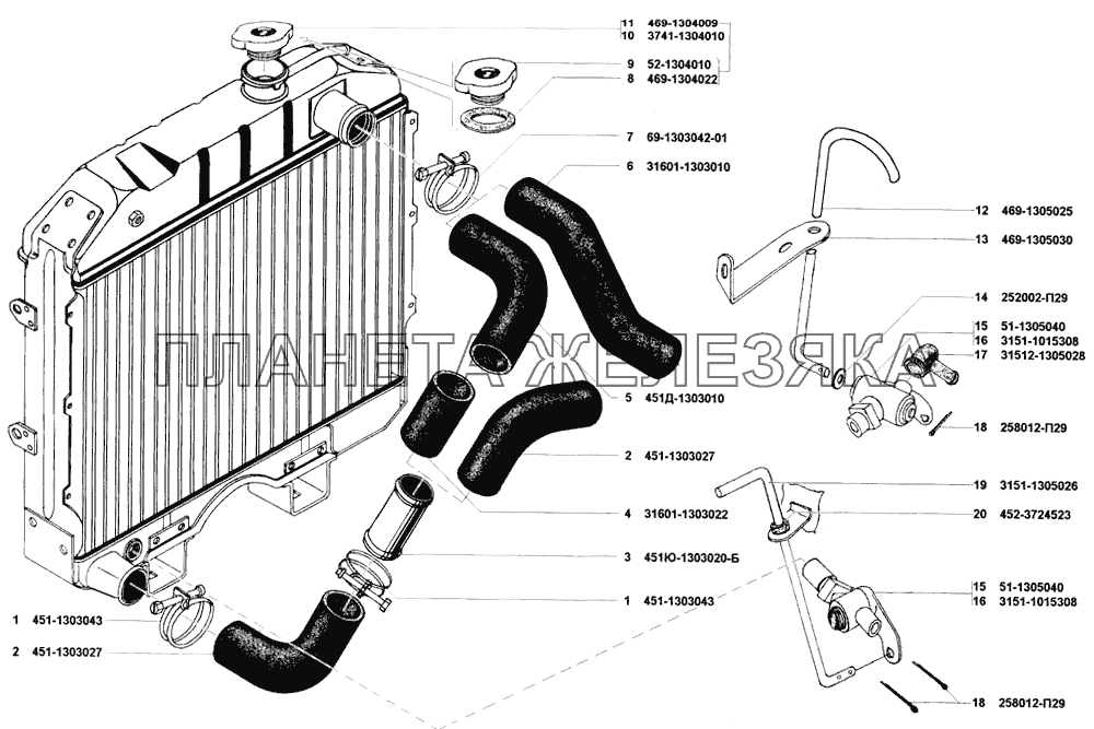 Трубопроводы и шланги, пробка радиатора и краник сливной УАЗ-31519