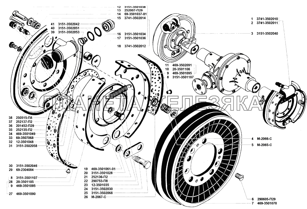 Тормоза рабочие задние и тормозные барабаны УАЗ-31519
