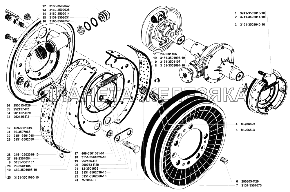 Тормоза рабочие задние и тормозные барабаны УАЗ-31512