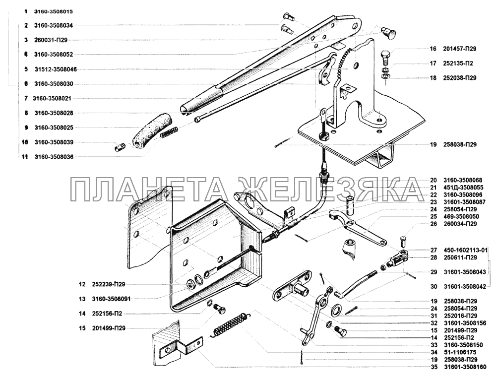 Привод механизма управления стояночным тормозом УАЗ-31514