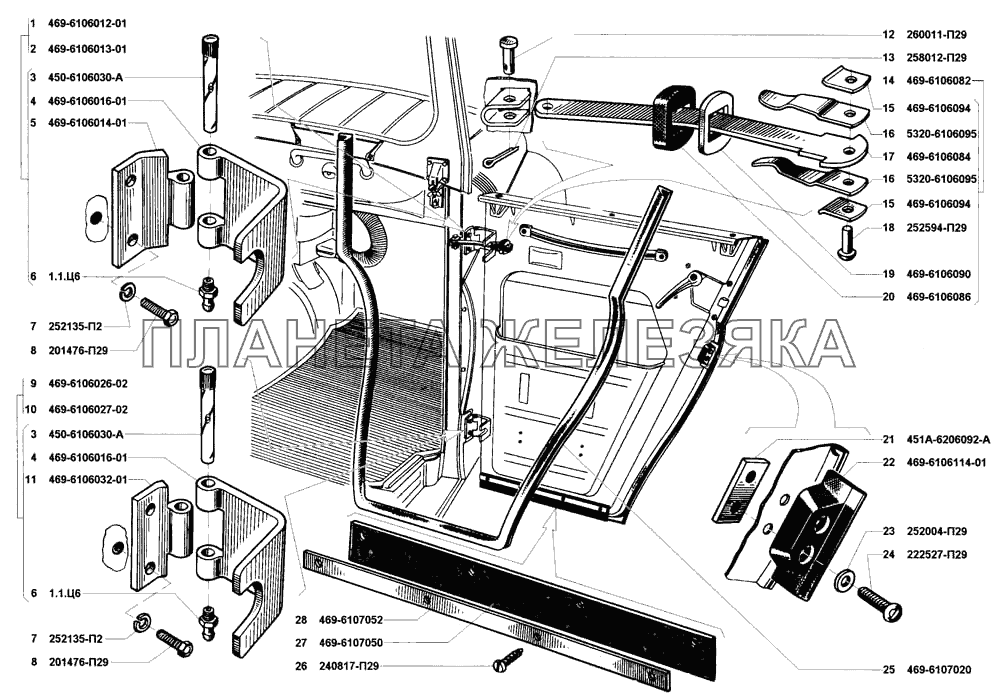 Навеска передней и задней дверей, уплотнения передней и задней дверей УАЗ-31514