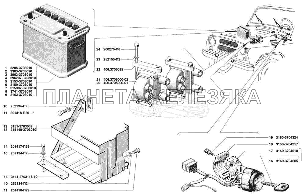 Батарея аккумуляторная, выключатель зажигания и катушка зажигания УАЗ-31519