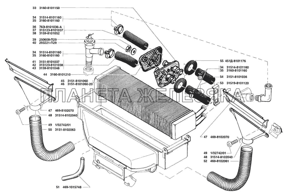 Отопление кузова и трубопроводы, обогреватель ветрового стекла УАЗ-31519