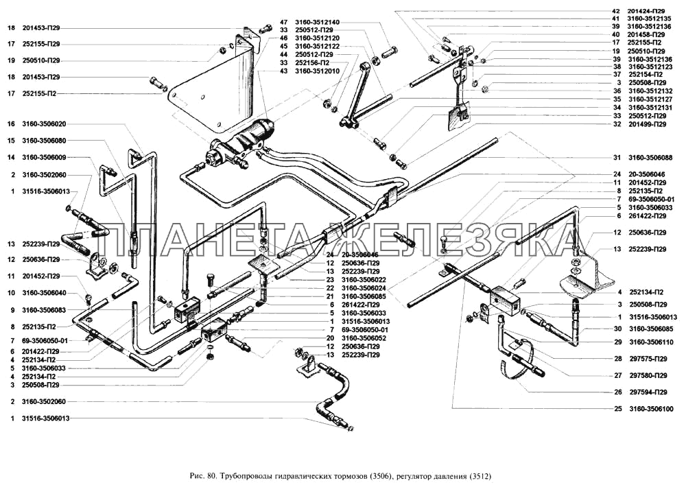 Трубопроводы гидравлических тормозов, регулятор давления УАЗ-3160