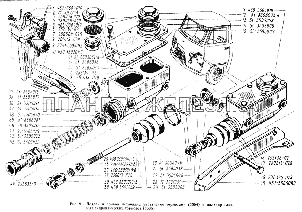 Педаль и привод механизма управления тормозами, цилиндр главный гидравлических тормозов УАЗ-3962