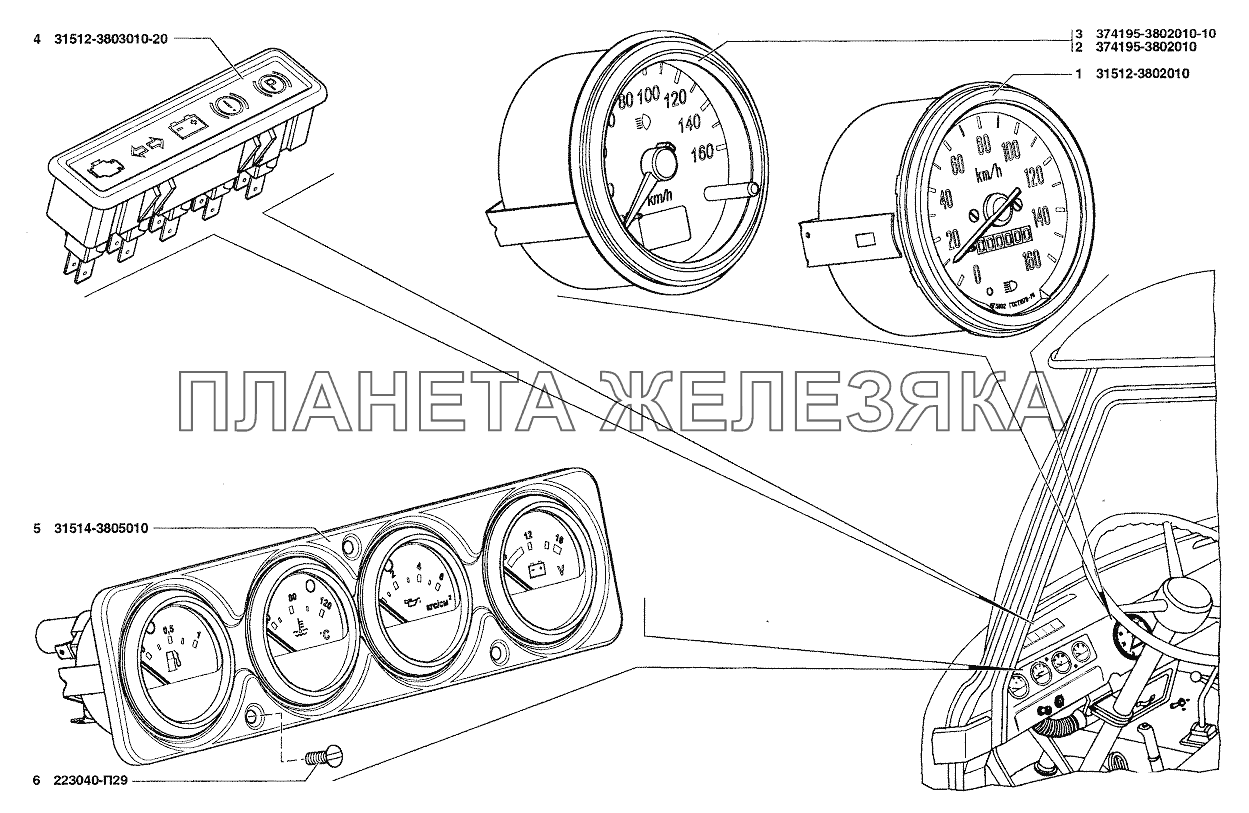 Спидометр, фонари контрольных ламп, щиток приборов УАЗ-37419