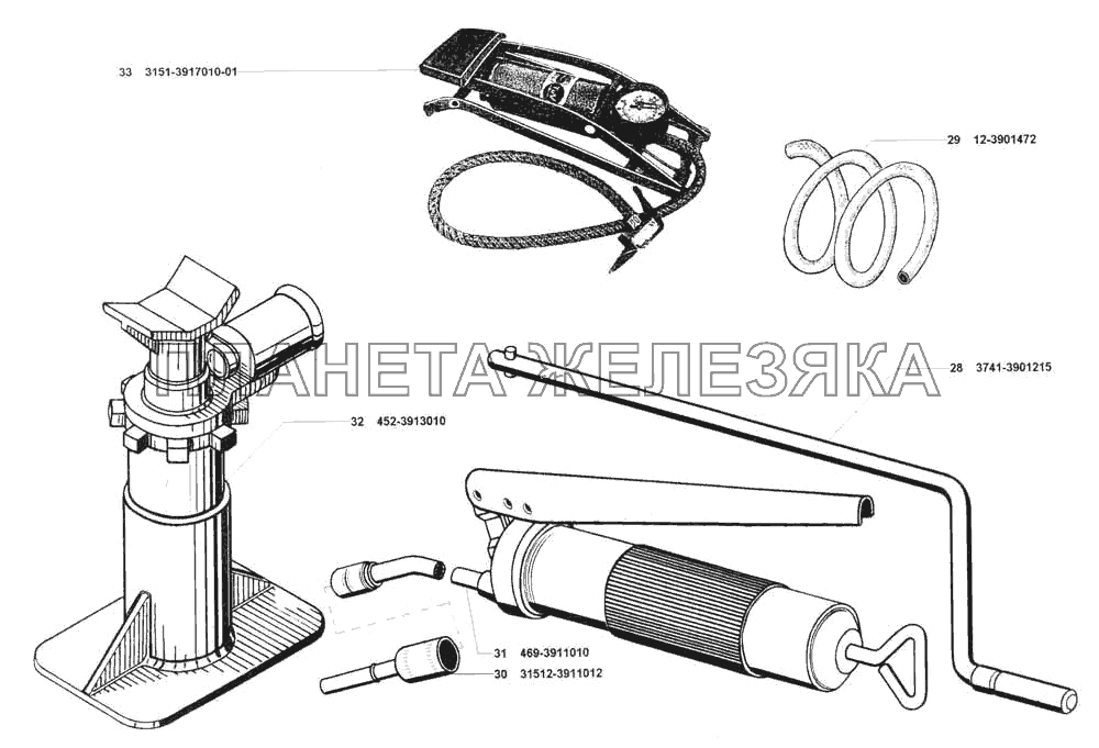 Инструмент и принадлежности, шприц для смазки, домкрат , насос для накачивания шин УАЗ 3741 (каталог 2002 г.)