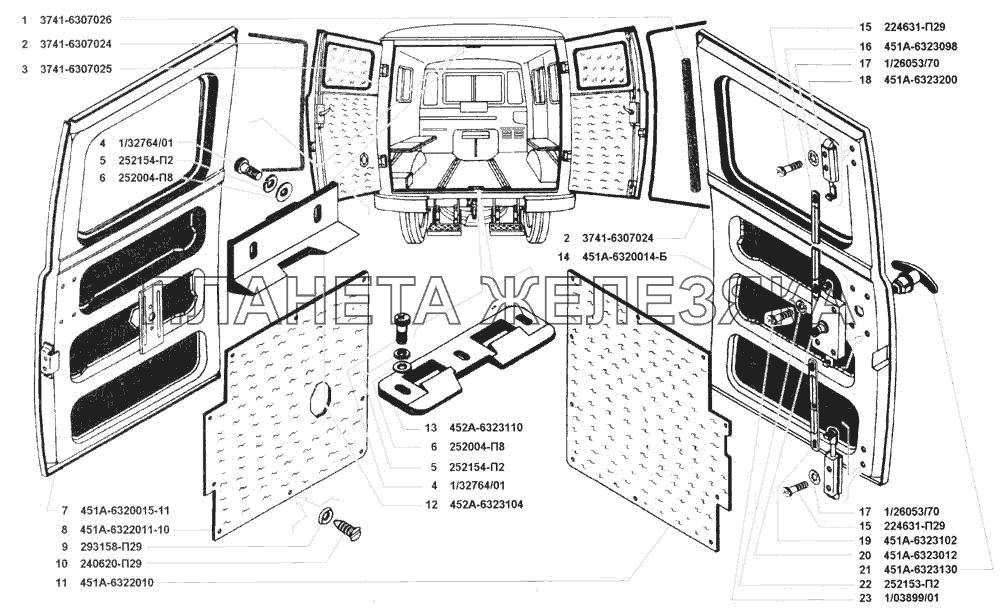 Дверь задка, уплотнители, обивка, замок и ручки двери задка УАЗ 3741 (каталог 2002 г.)