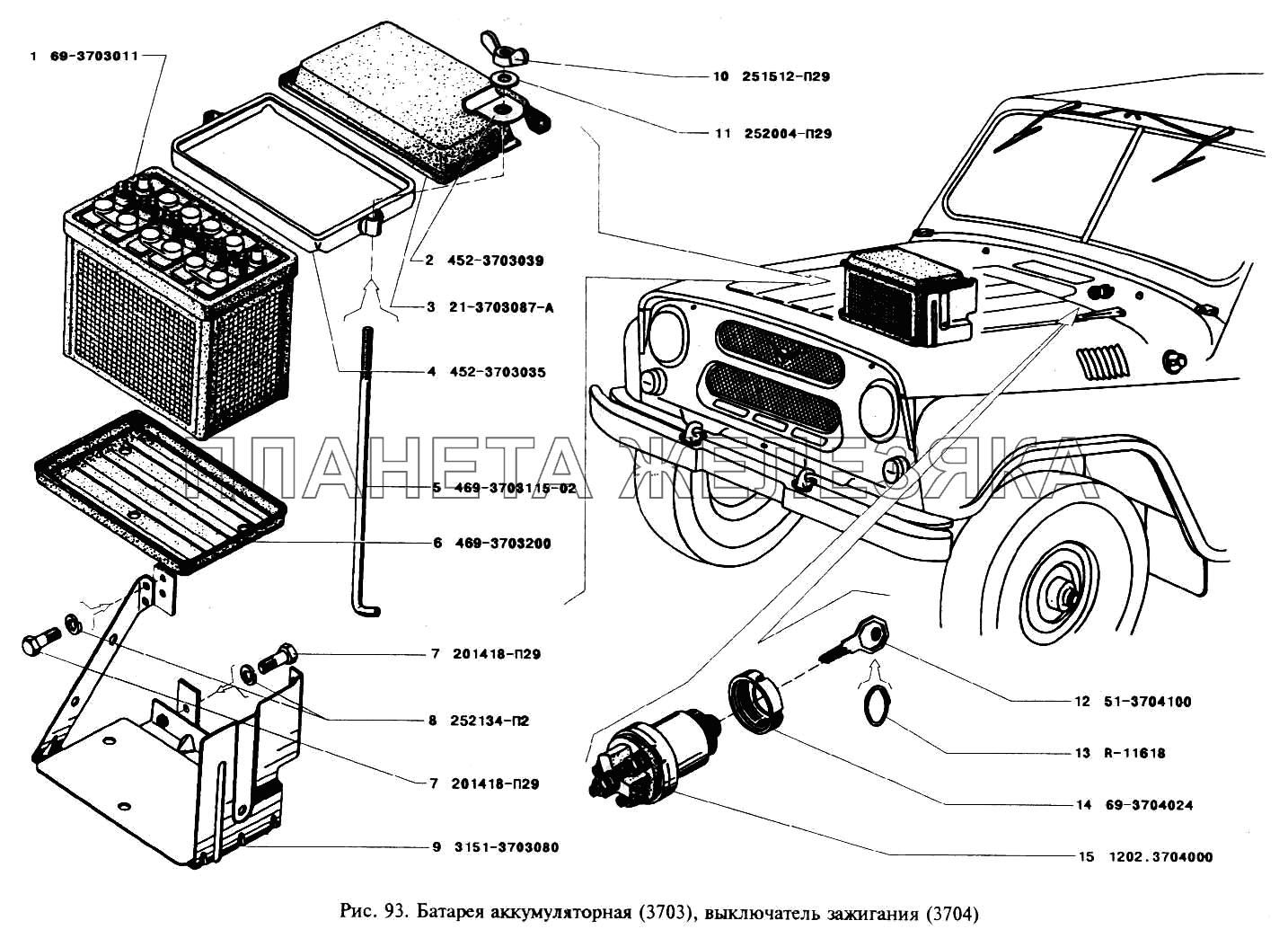 Батарея аккумуляторная и выключатель зажигания УАЗ-3151