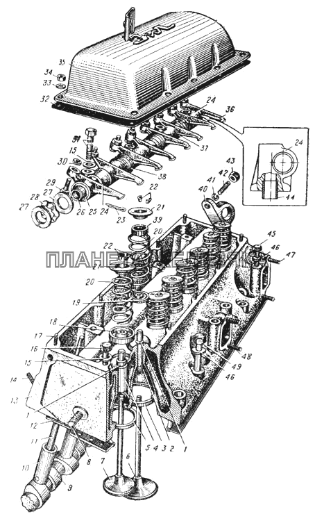 Головка блока цилиндров, клапаны и толкатели (Рис.9) УРАЛ-375