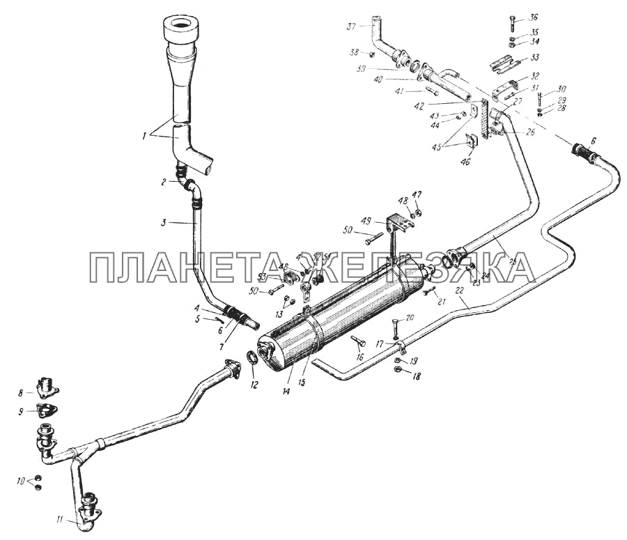 Система выпуска газов и трубы эжекции автомобиля Урал-375Д (Рис. 30) УРАЛ-375
