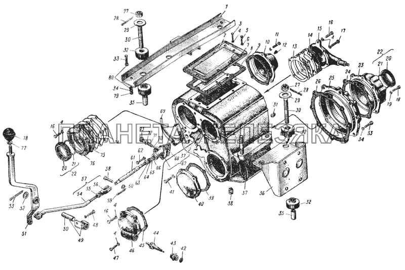 Картер и управление дополнительной коробкой (Рис. 45) УРАЛ-375
