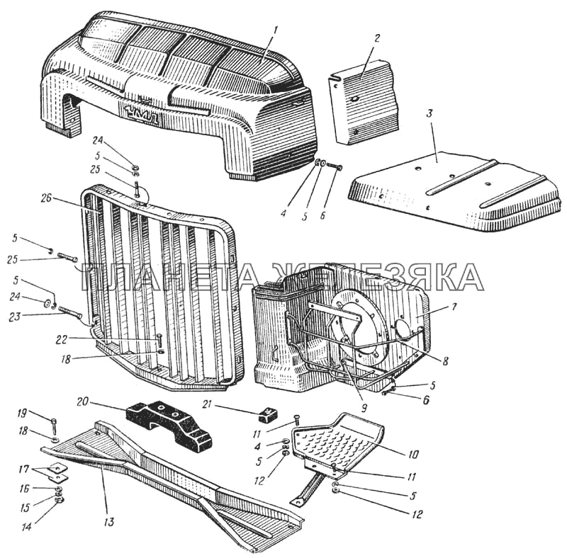 Облицовка радиатора (Рис. 151) УРАЛ-375